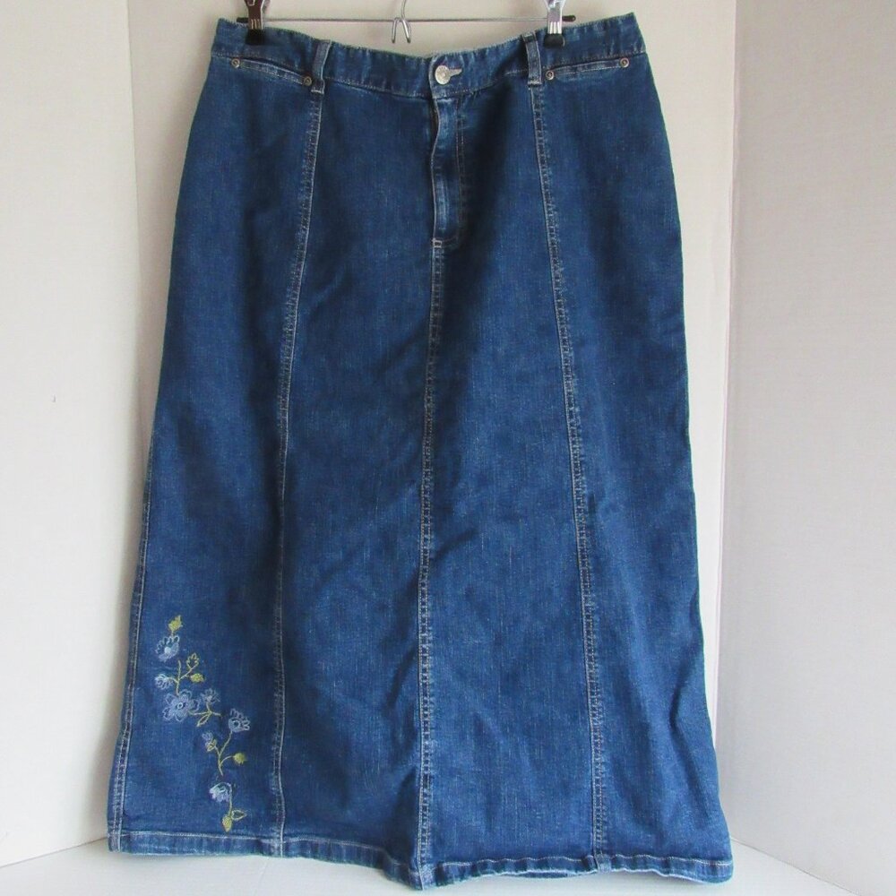 Sag Harbor Sport Denim Maxi Blue Jean Skirt A Line Floral Embroidered Size 18
